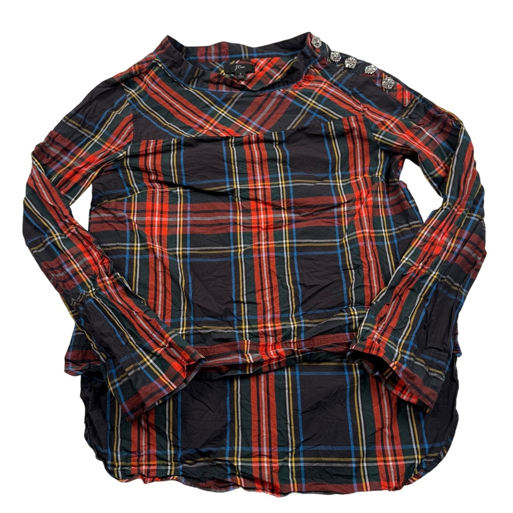 J Crew Funnelneck Shirt Womens 2 Black Red Stewart Tartan Jewel Button K6796